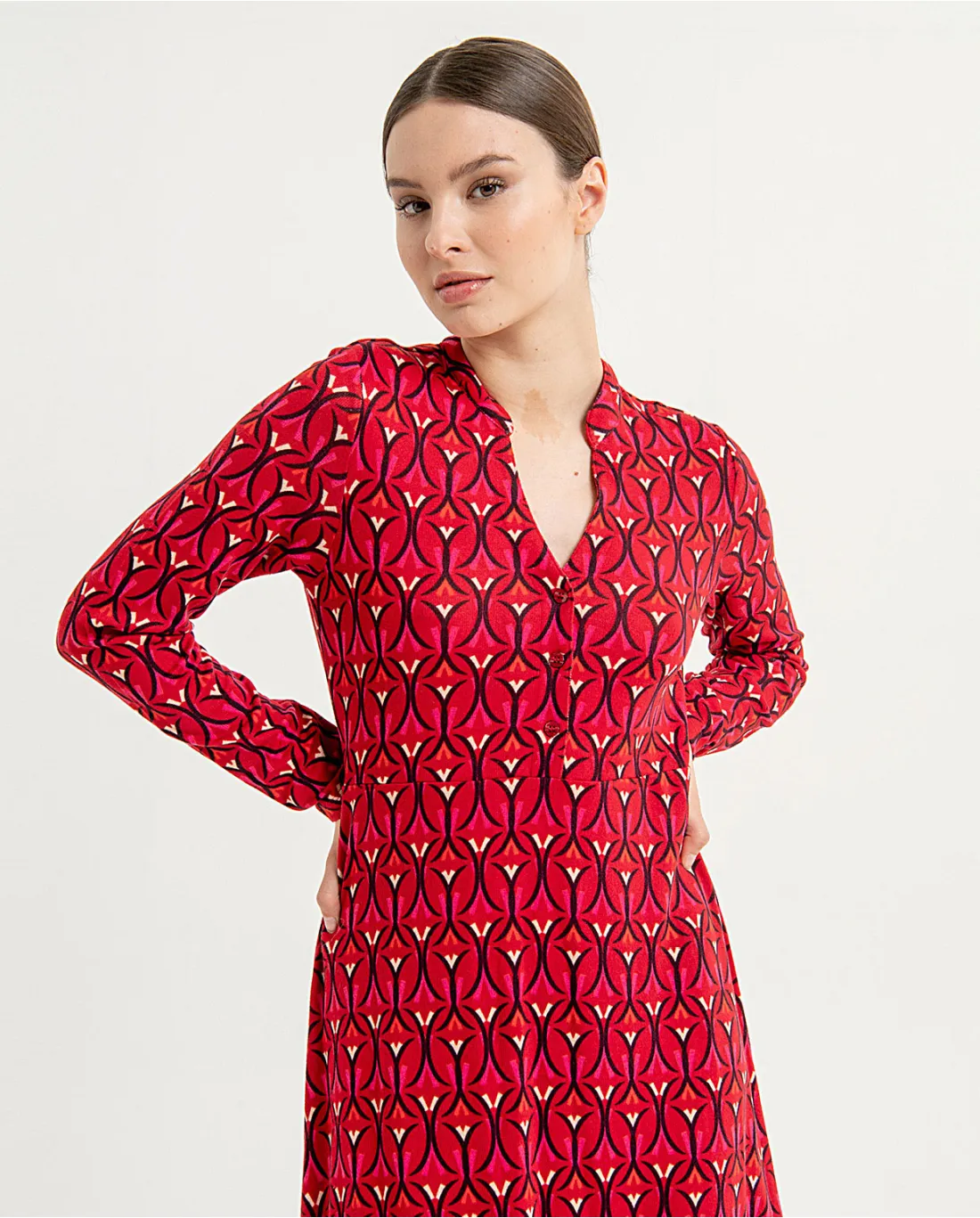 711- Long Sleeve Printed Midi Dress w/ Long Sleeves-Red-Surkana