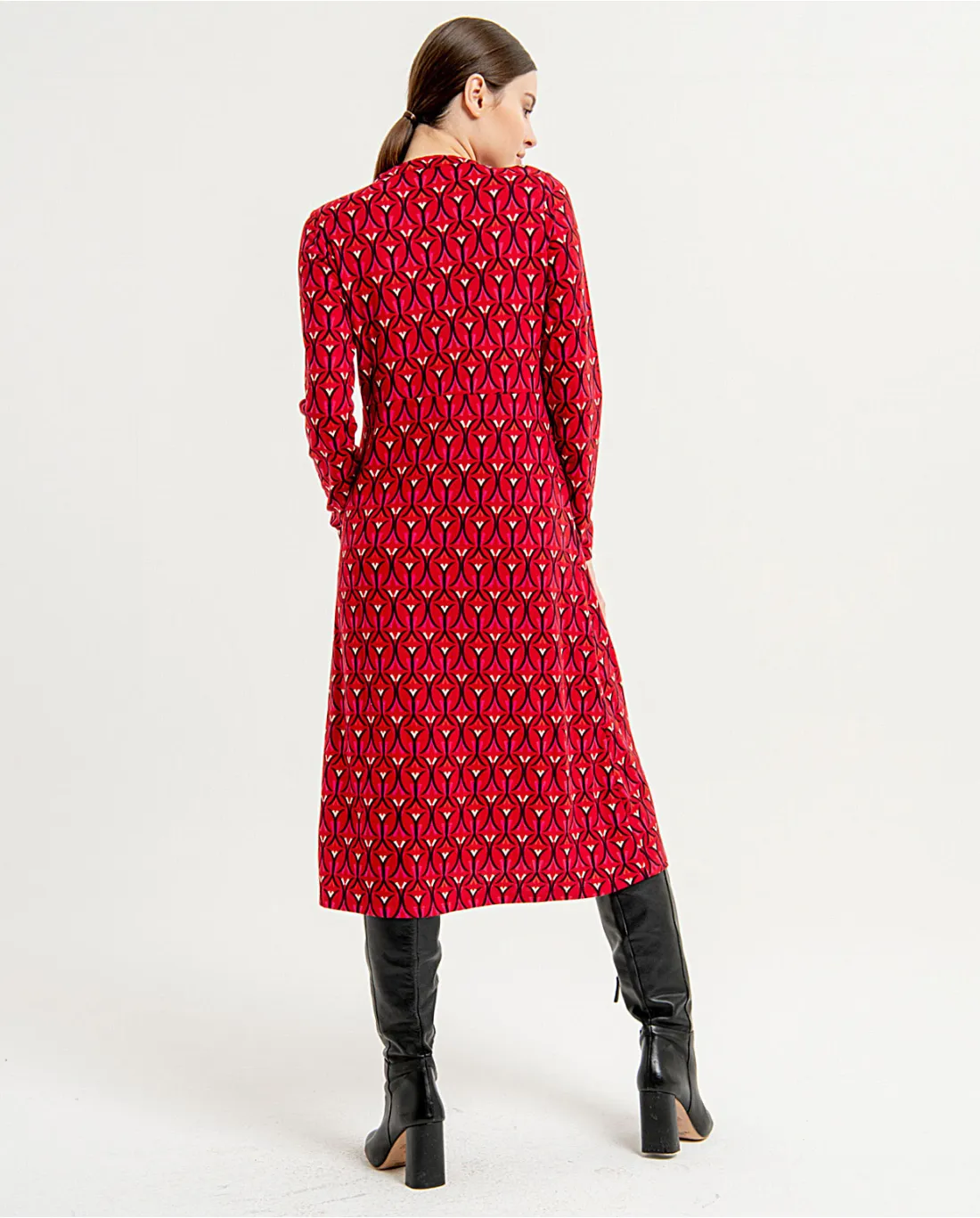 711- Long Sleeve Printed Midi Dress w/ Long Sleeves-Red-Surkana