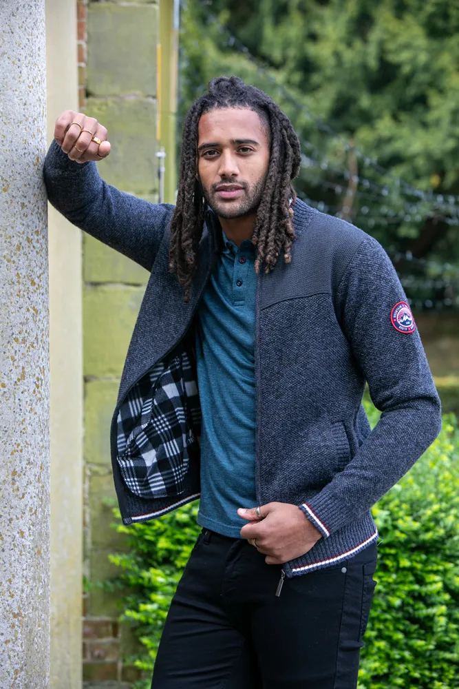 D555 Mens Charcoal Knitted Zip Through Sweater With  Lining (ABERDARE 2)