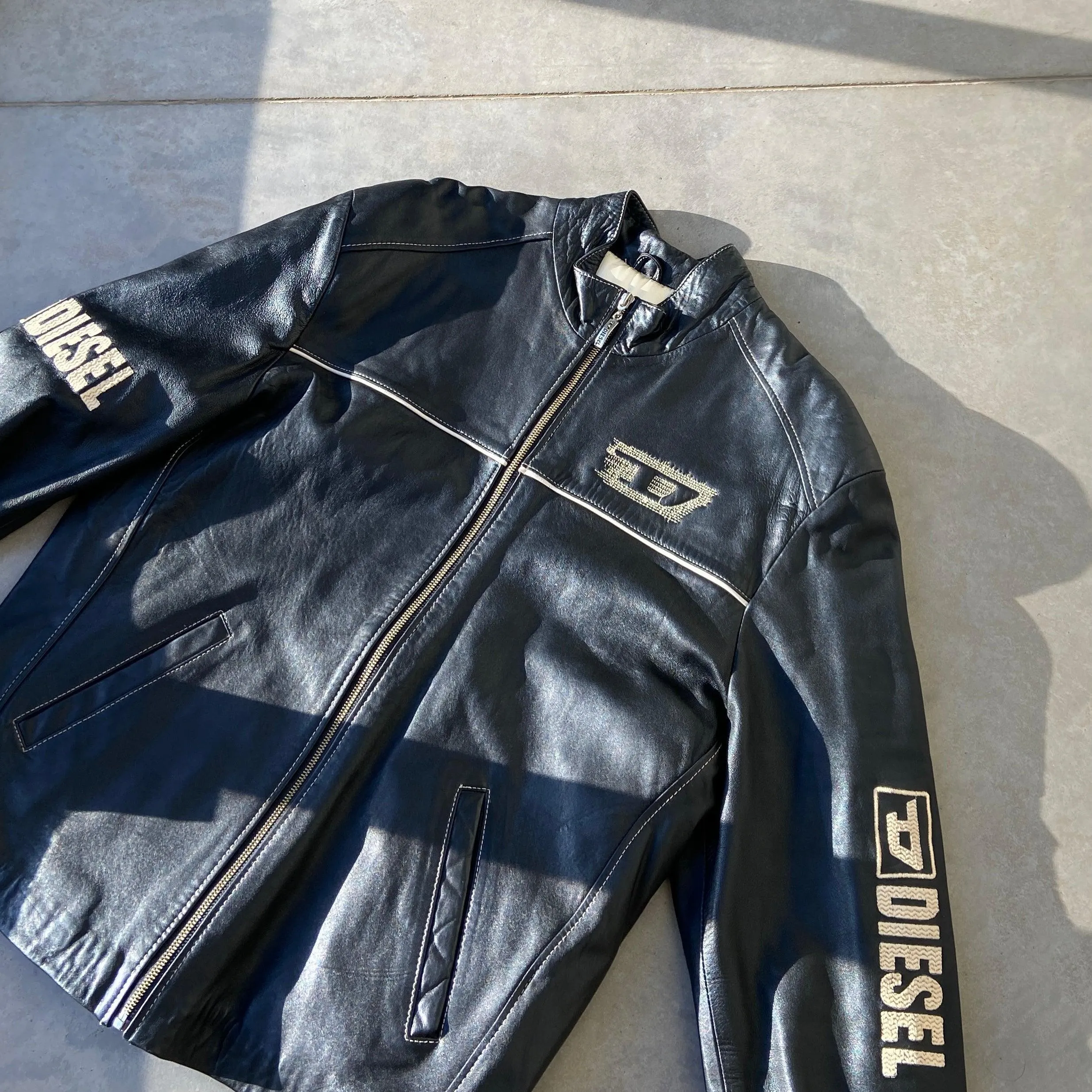 DIESEL 'D' BLACK LEATHER JACKET - L