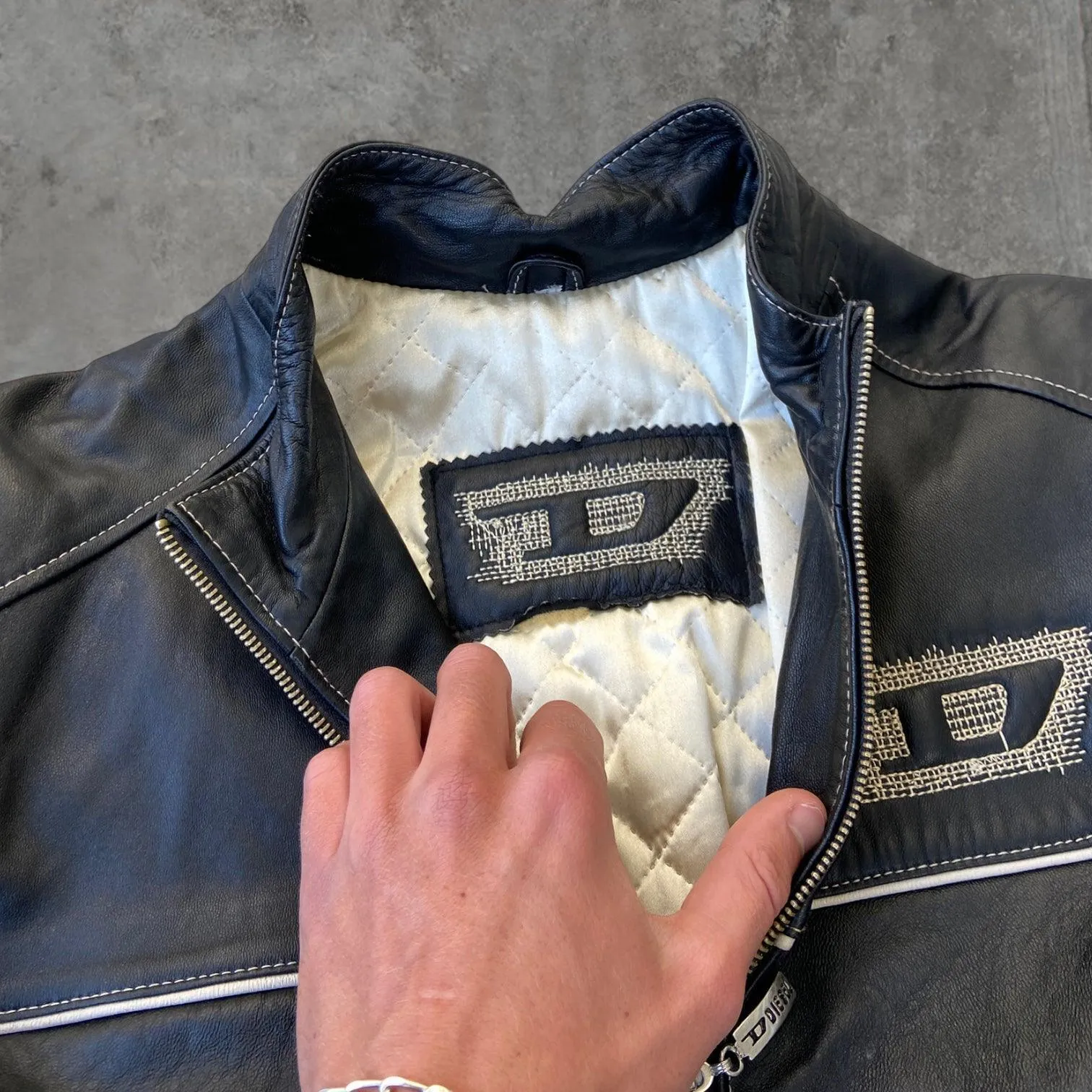 DIESEL 'D' BLACK LEATHER JACKET - L