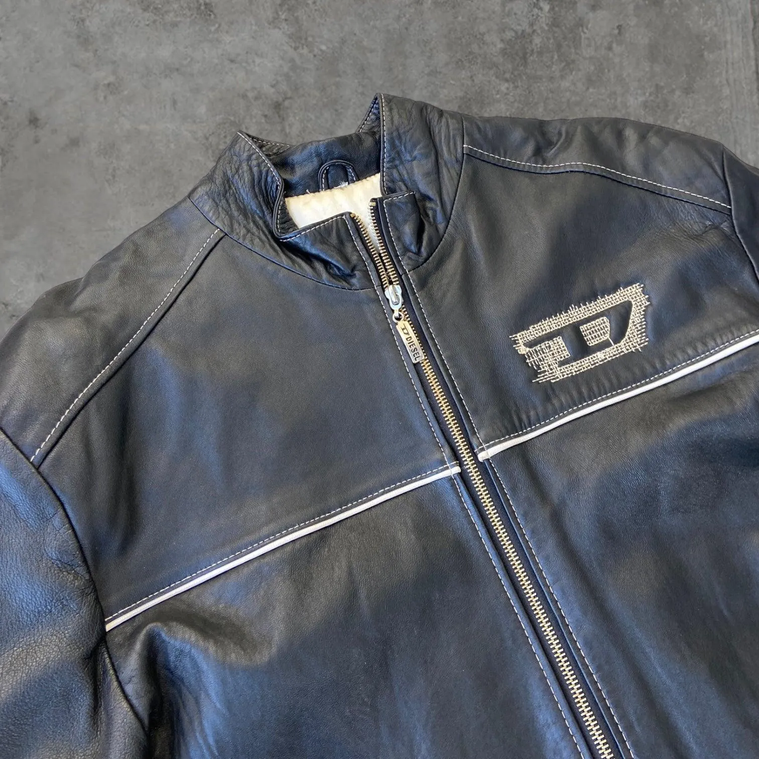 DIESEL 'D' BLACK LEATHER JACKET - L