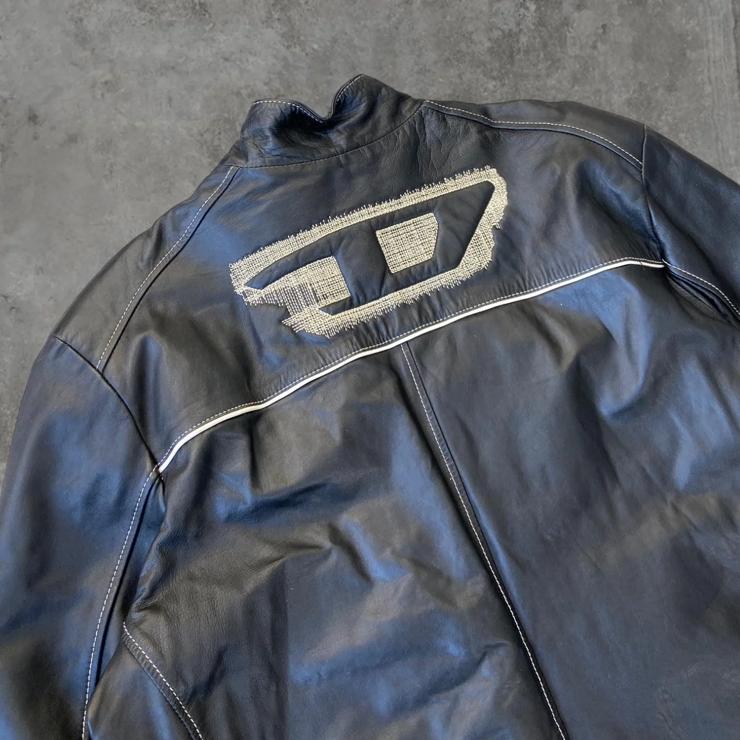 DIESEL 'D' BLACK LEATHER JACKET - L