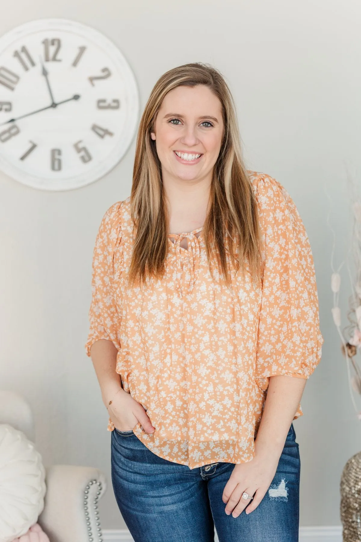 Head In The Clouds Floral Blouse- Soft Orange