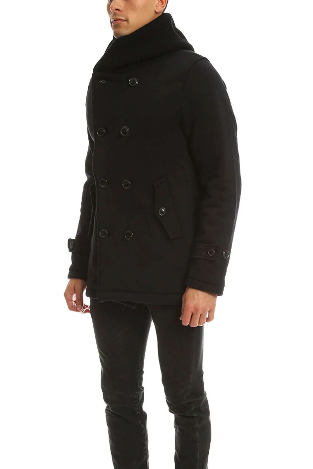 Hooded Double Breasted Coat - Black 