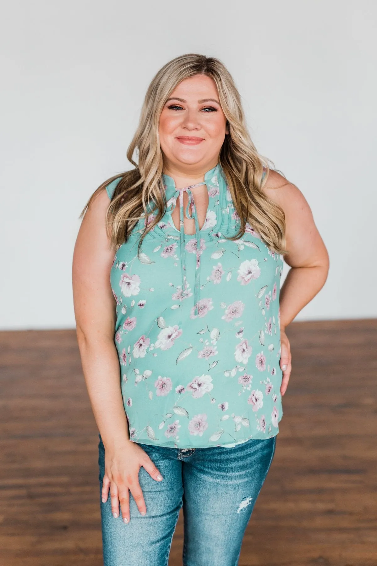 Lead My Heart Home Floral Ruffle Blouse- Soft Teal