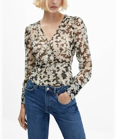 MANGO Women's Semi-Sheer Floral Print Blouse