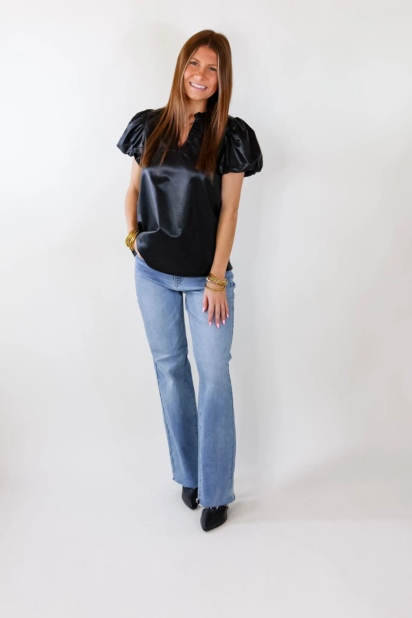 Replay The Night Faux Leather Top with Short Balloon Sleeves in Black