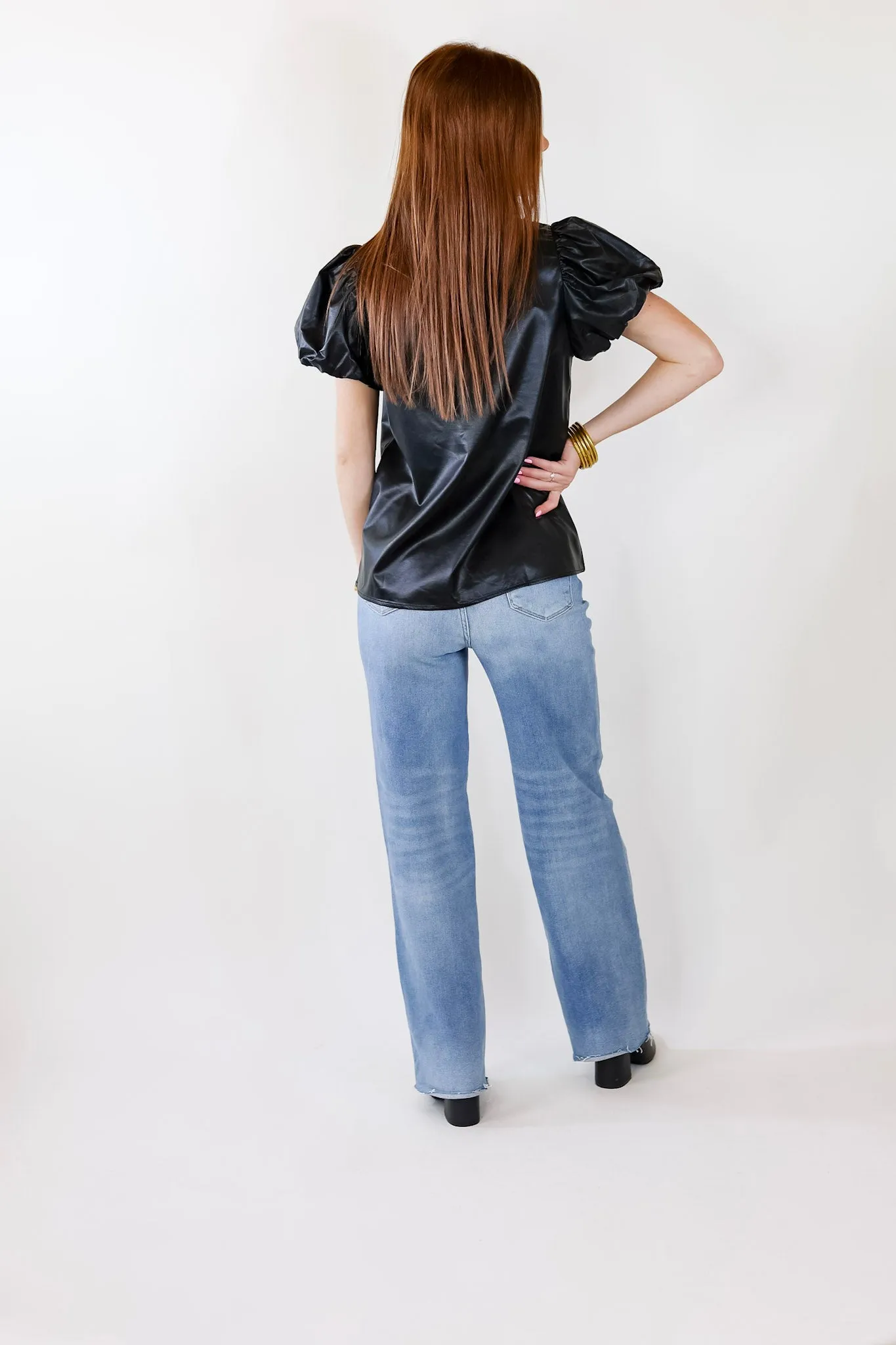 Replay The Night Faux Leather Top with Short Balloon Sleeves in Black