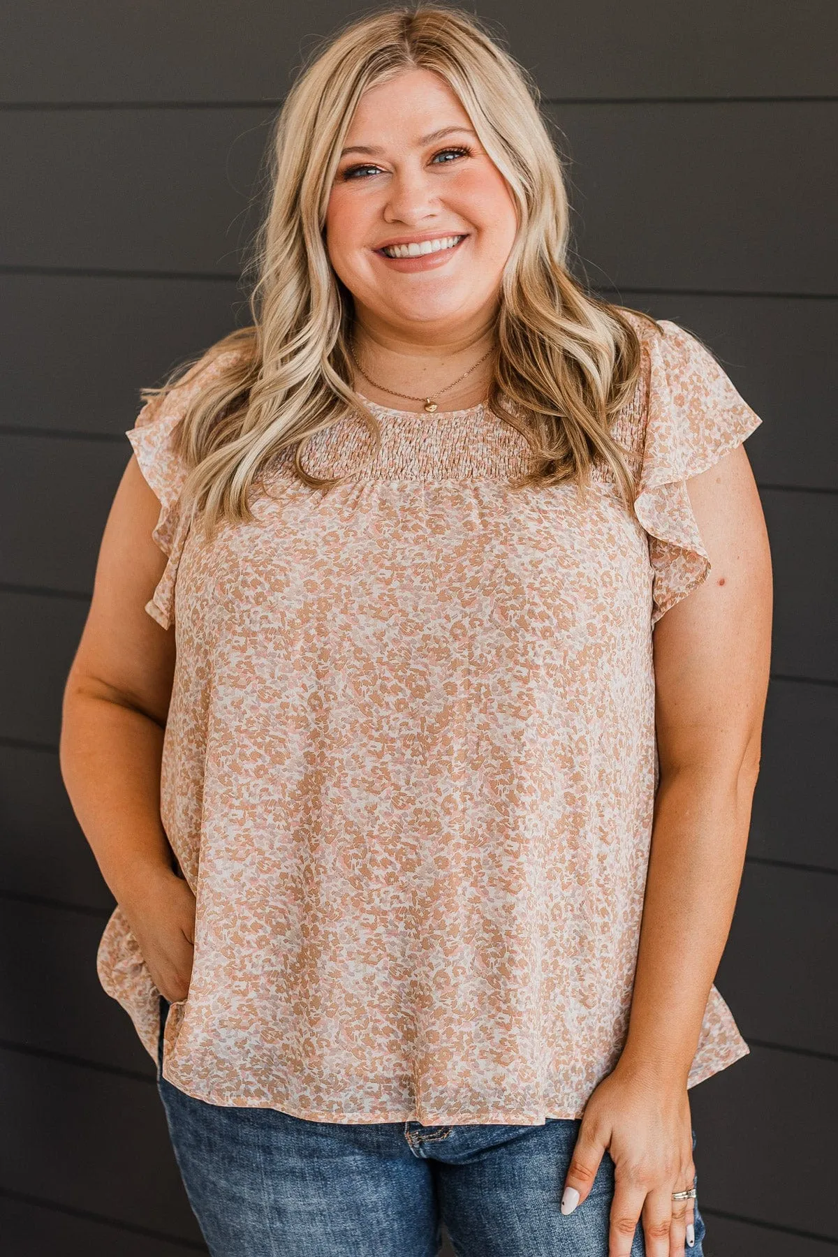 Sign Me Up Smocked Blouse- Caramel & Pink