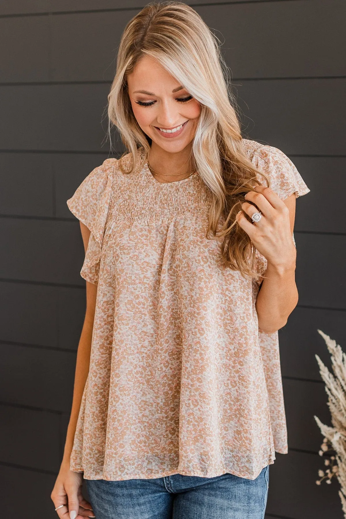 Sign Me Up Smocked Blouse- Caramel & Pink