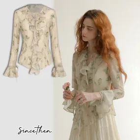 Since Then  |Flower Patterns Chiffon Long Sleeves Shirts & Blouses