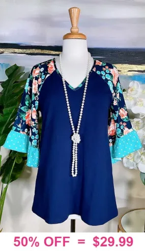 SMALL:  Navy Blouse with Floral Bell Sleeves