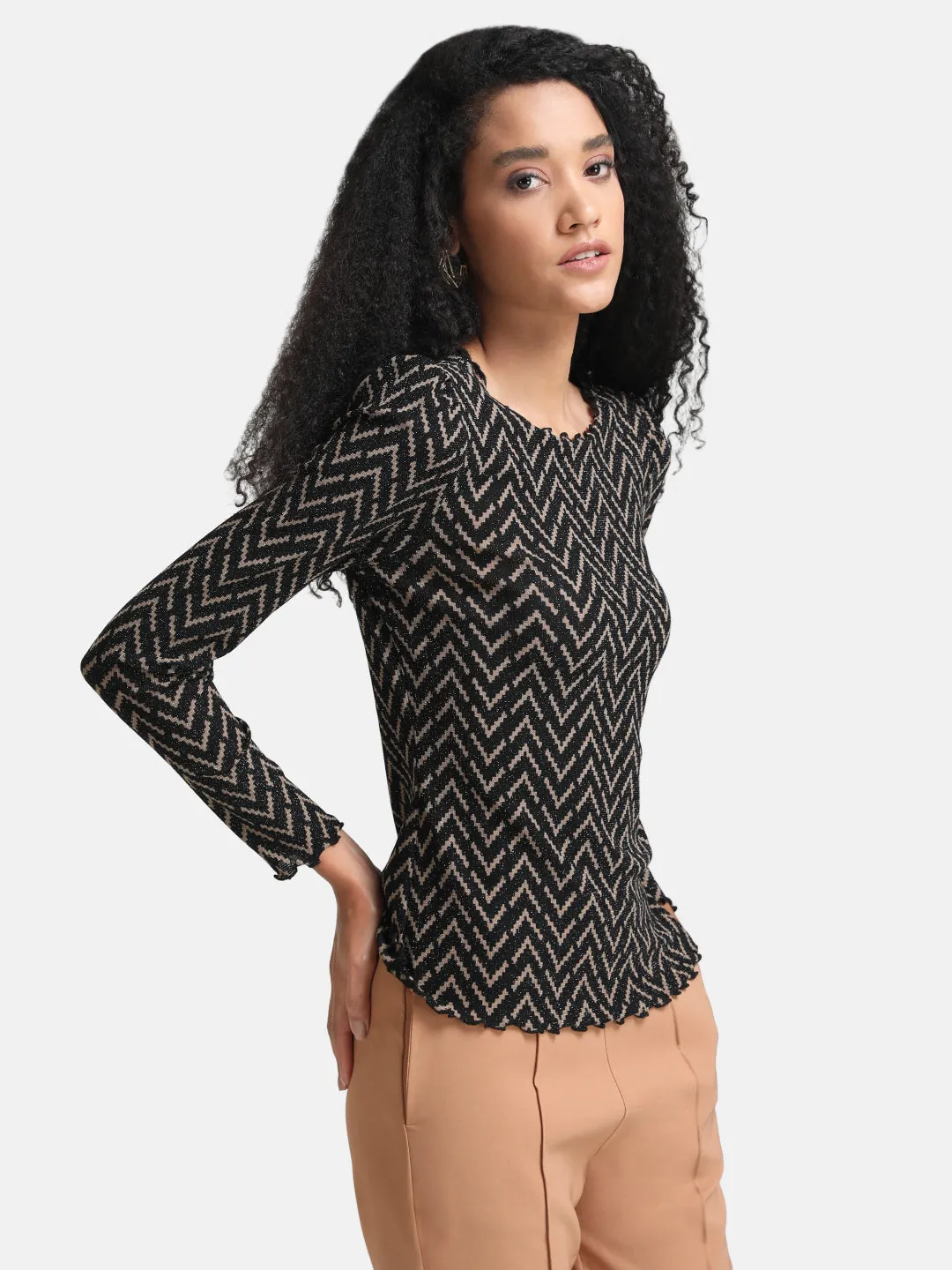 Stretchable Flock Mesh  Top With  Lettuce Hem