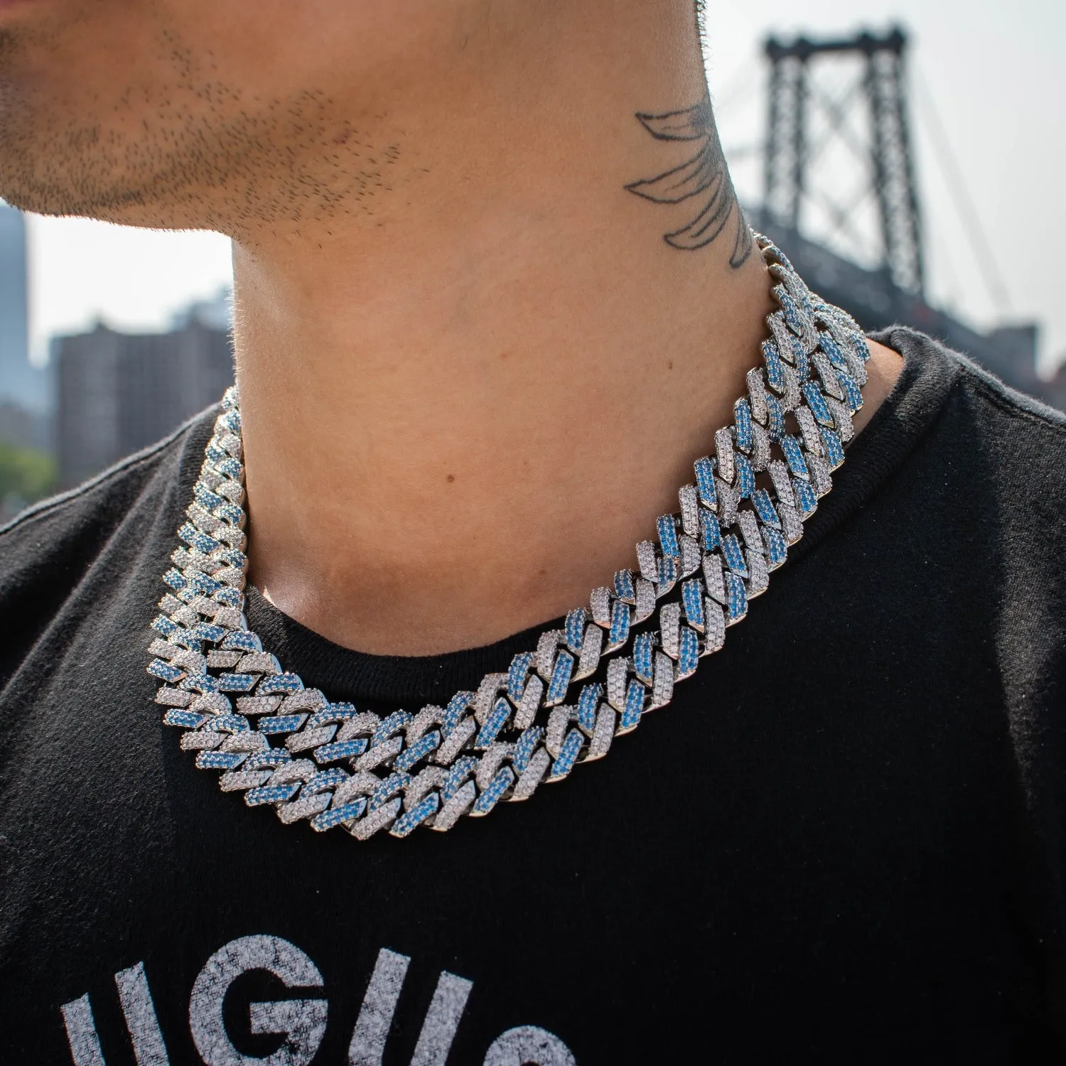 Two-Tone Diamond Straight Edge Cuban Link Chain (12mm) in Blue/White Gold