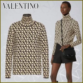 VALENTINO  |Wool Long Sleeves High-Neck Elegant Style Logo