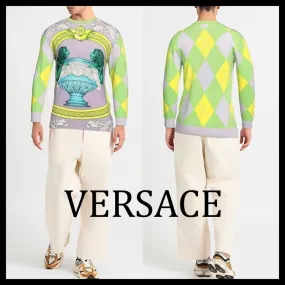 VERSACE  |Unisex Cashmere Street Style U-Neck Long Sleeves Logo Luxury