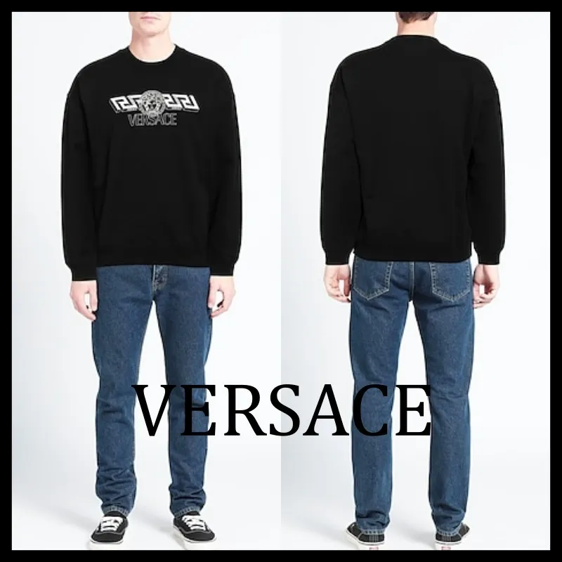 VERSACE  |Unisex Street Style U-Neck Long Sleeves Plain Cotton Logo