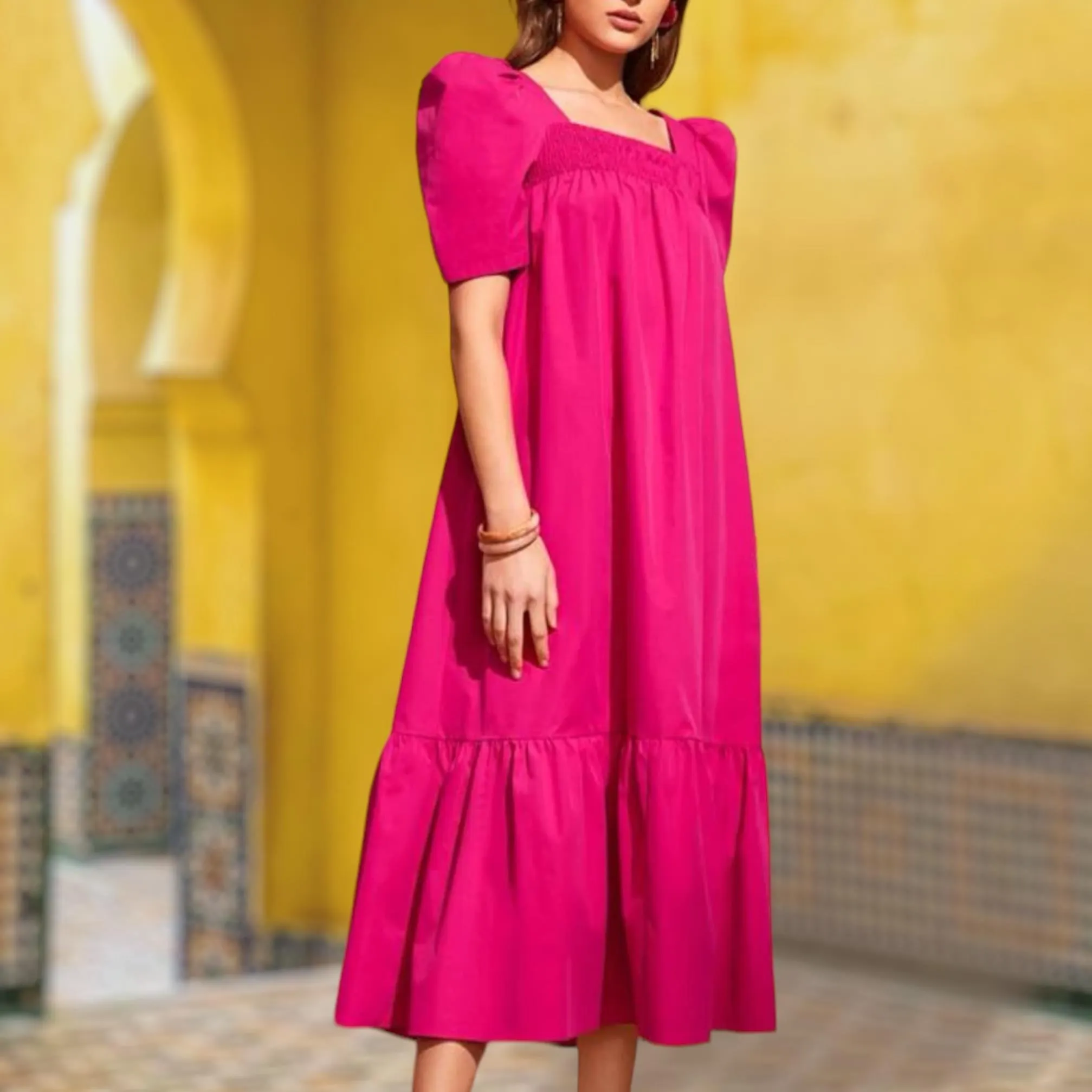 VIA Puff Sleeve Long Dress