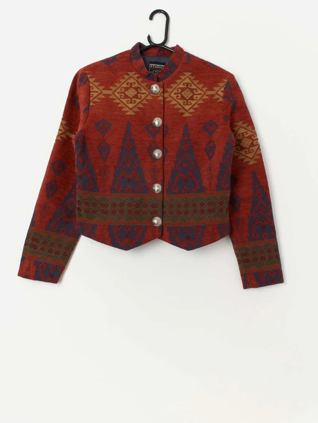 Vintage 90s cropped tapestry jacket in red and blue – Medium